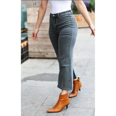 Light Gray High Waist Straight Acid Wash Frayed Cutoff High Waist Jeans