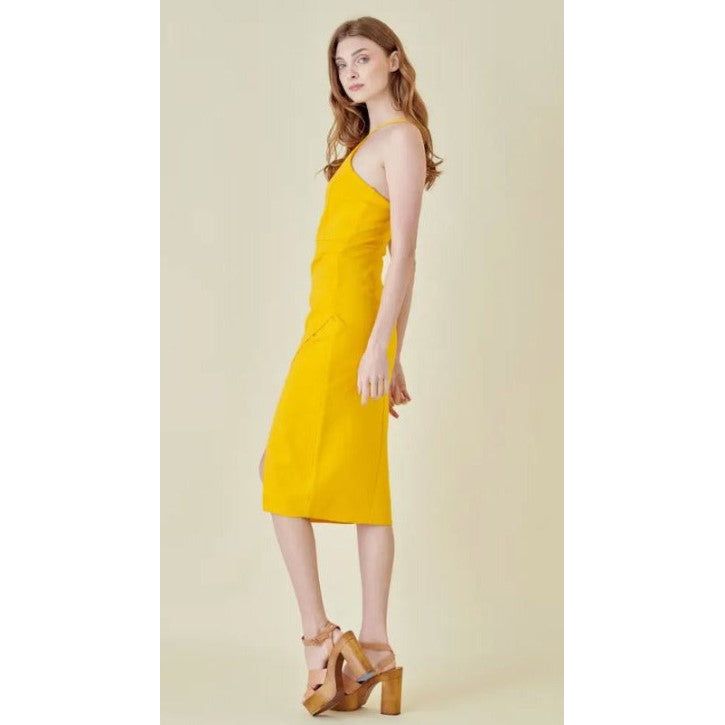Canary Yellow Wrap Front Midi Dress
