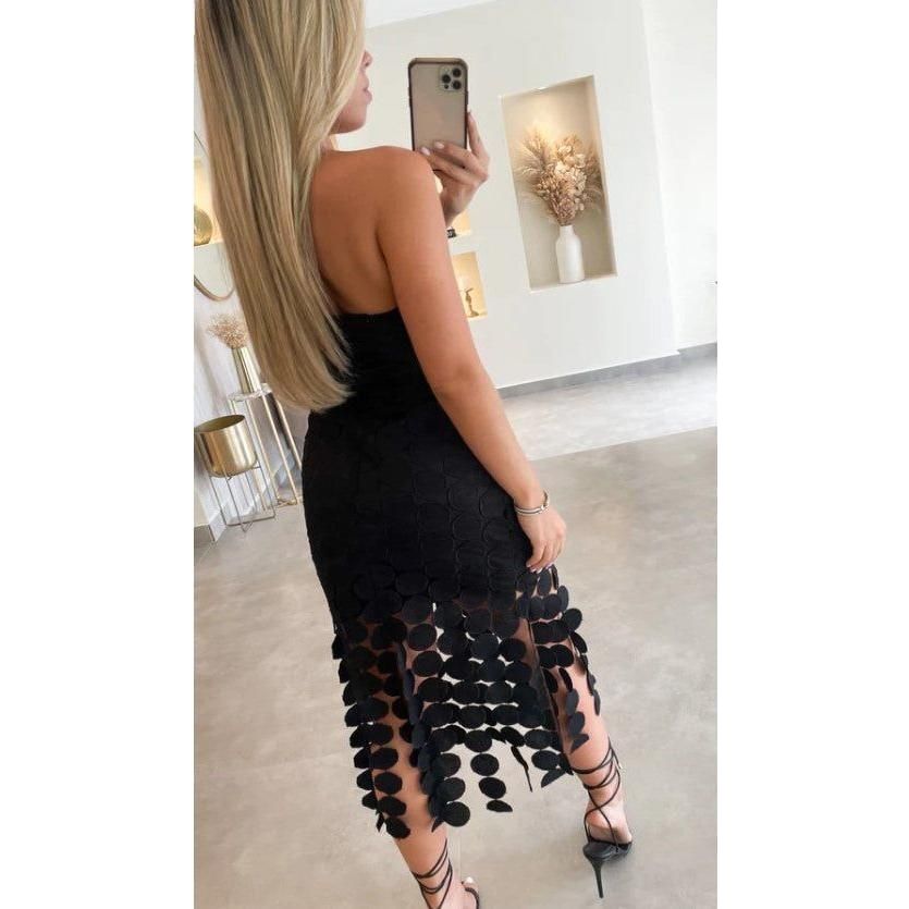 Whitney Midi Black Fringe Midi Dress