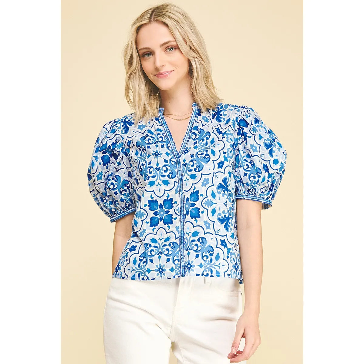 Bisque Mediterranean Tile Puff Sleeve Top