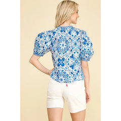 Bisque Mediterranean Tile Puff Sleeve Top