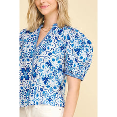 Bisque Mediterranean Tile Puff Sleeve Top