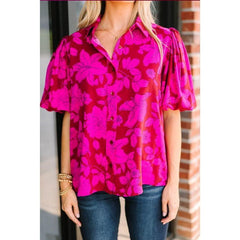 Medium Violet Red Floral Bloom Print Button Top