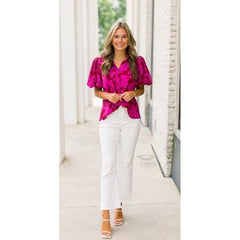 Light Gray Floral Bloom Print Button Top