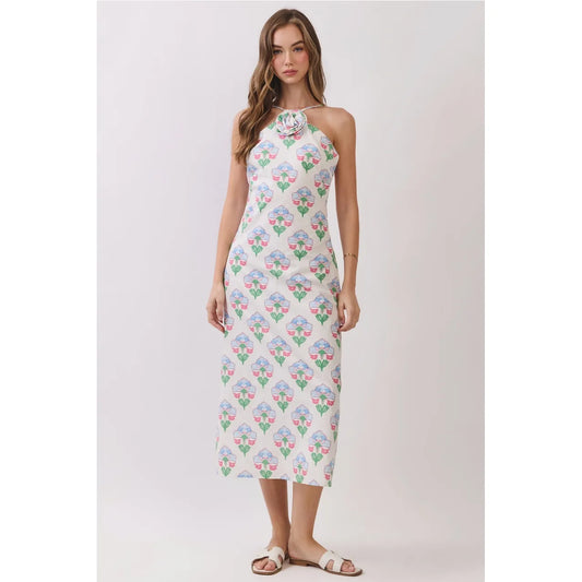 Floral Print Halter Midi Dress with Rosette Detail