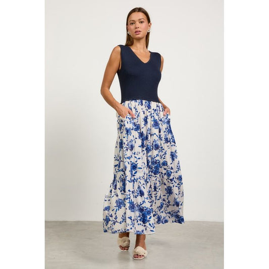 Floral Knit-Bodice Maxi Dress