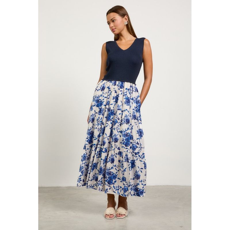 Floral Knit-Bodice Maxi Dress