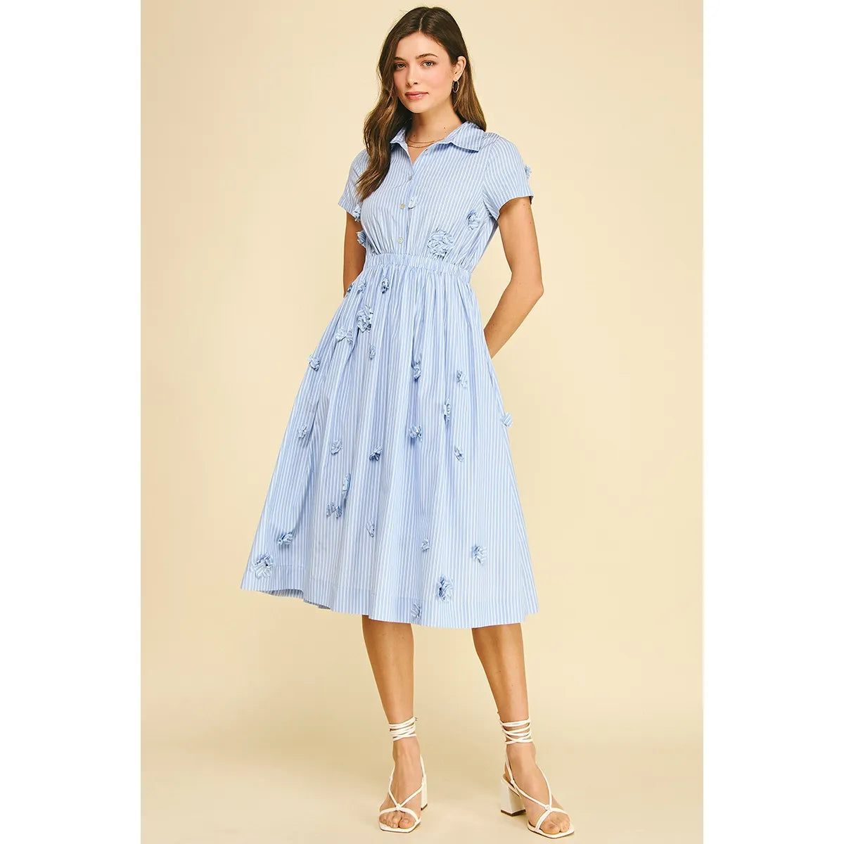 Wheat Sandy Floral Embroidered Stripe Midi Dress