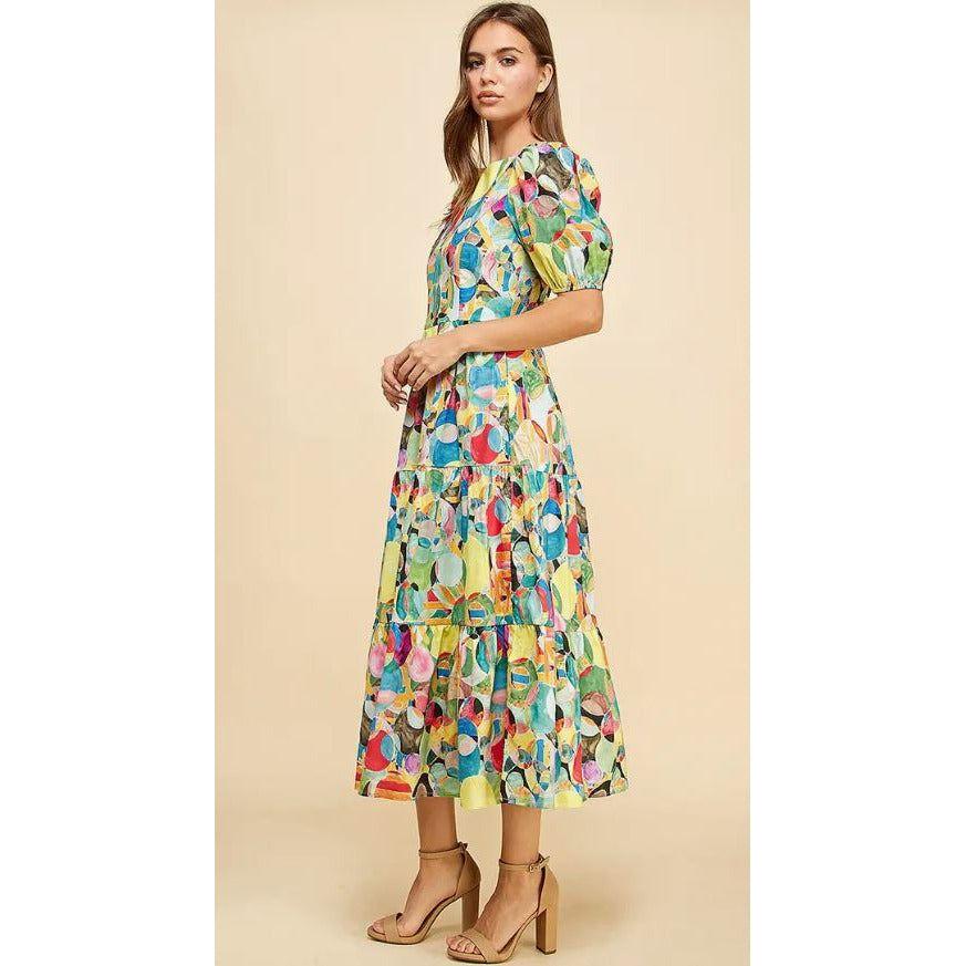 Frizzle Circle Pattern Tiered Maxi Dress