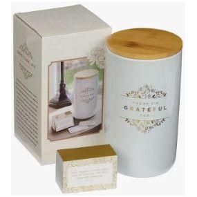 White Smoke Grateful Gold and White Ceramic Gratitude Jar with Cards