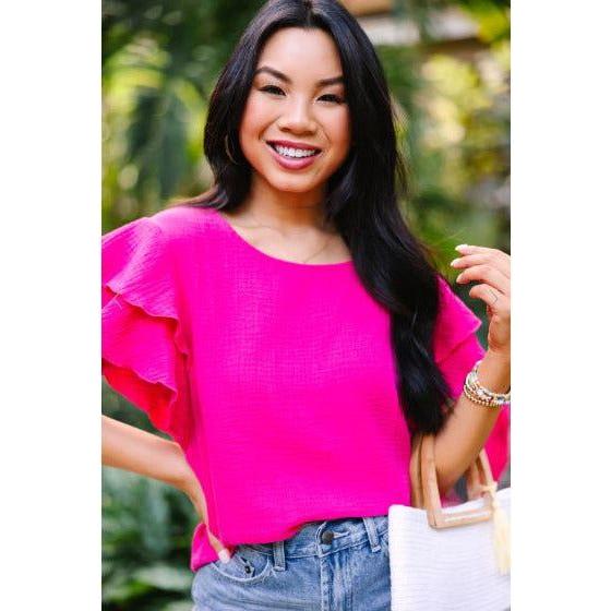 Deep Pink It's All True Ruffled Gauze Top