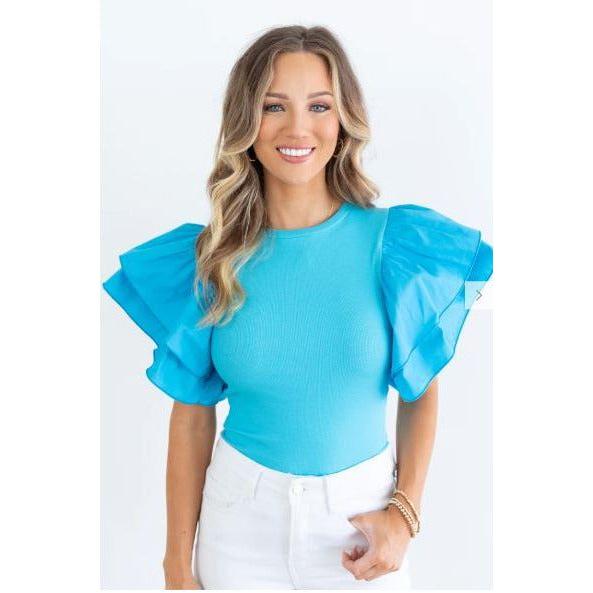 White Smoke Newport Ruffle Sleeve Bodysuit-Aqua