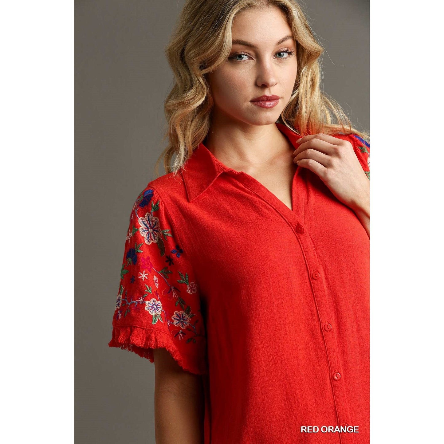 Embroidery High Low Ruffle Sleeve Linen Top