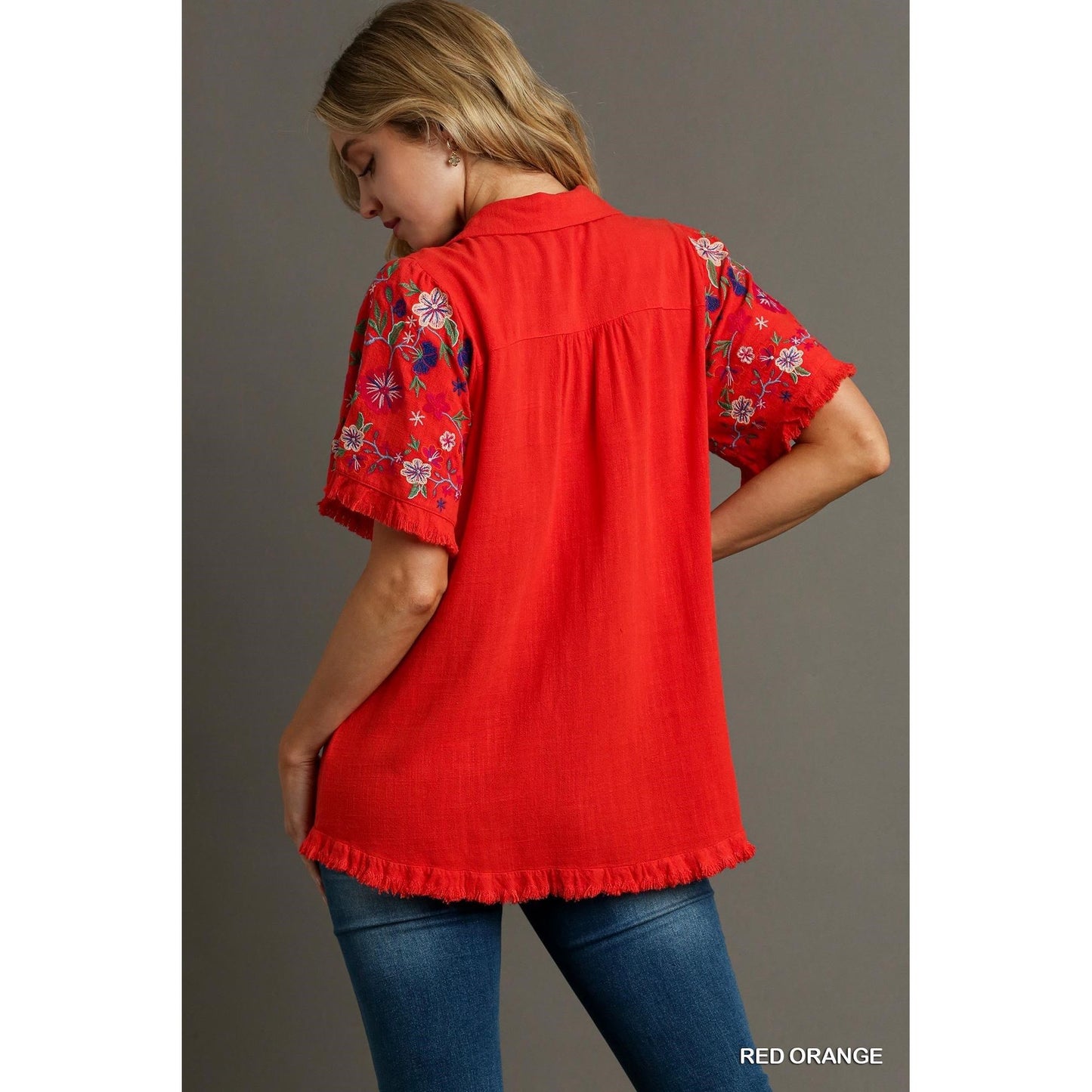 Embroidery High Low Ruffle Sleeve Linen Top