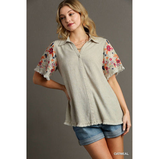 Embroidery High Low Ruffle Sleeve Linen Top- Oatmeal