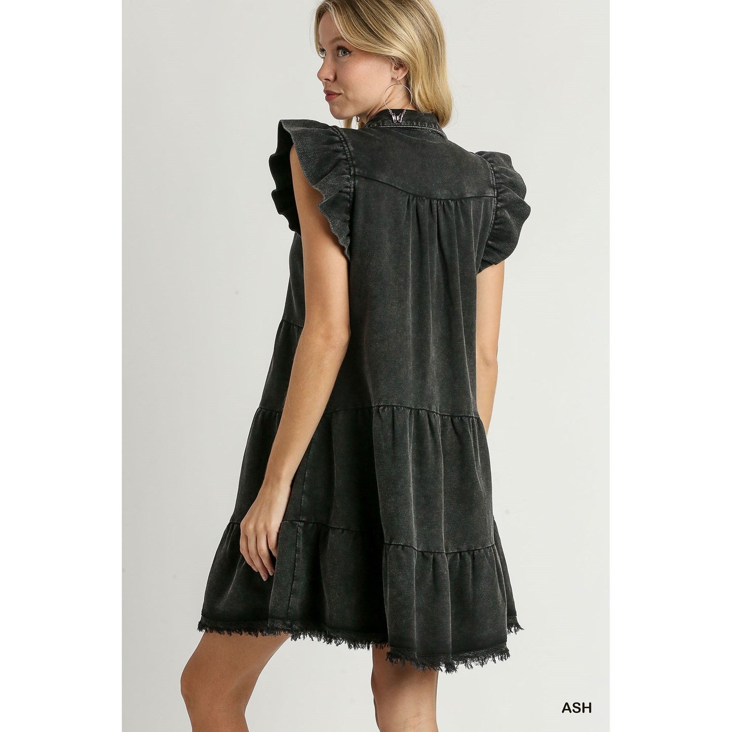 Ash Balck French Terry V Neck Flutter Sleeve Mini Dress