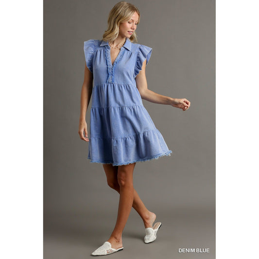 Denim Blue French Terry V Neck Flutter Sleeve Mini Dress