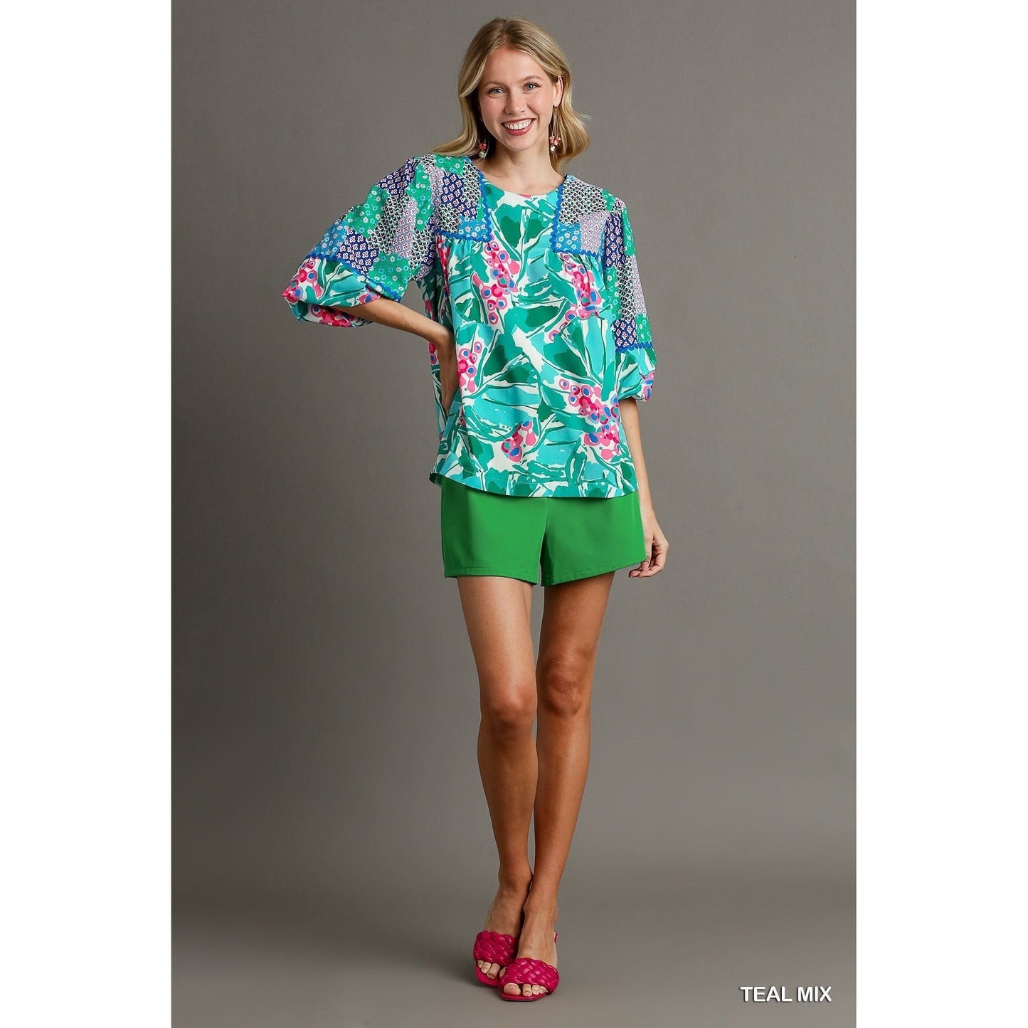 Umgee Teal Floral Mixed Print Tunic Top