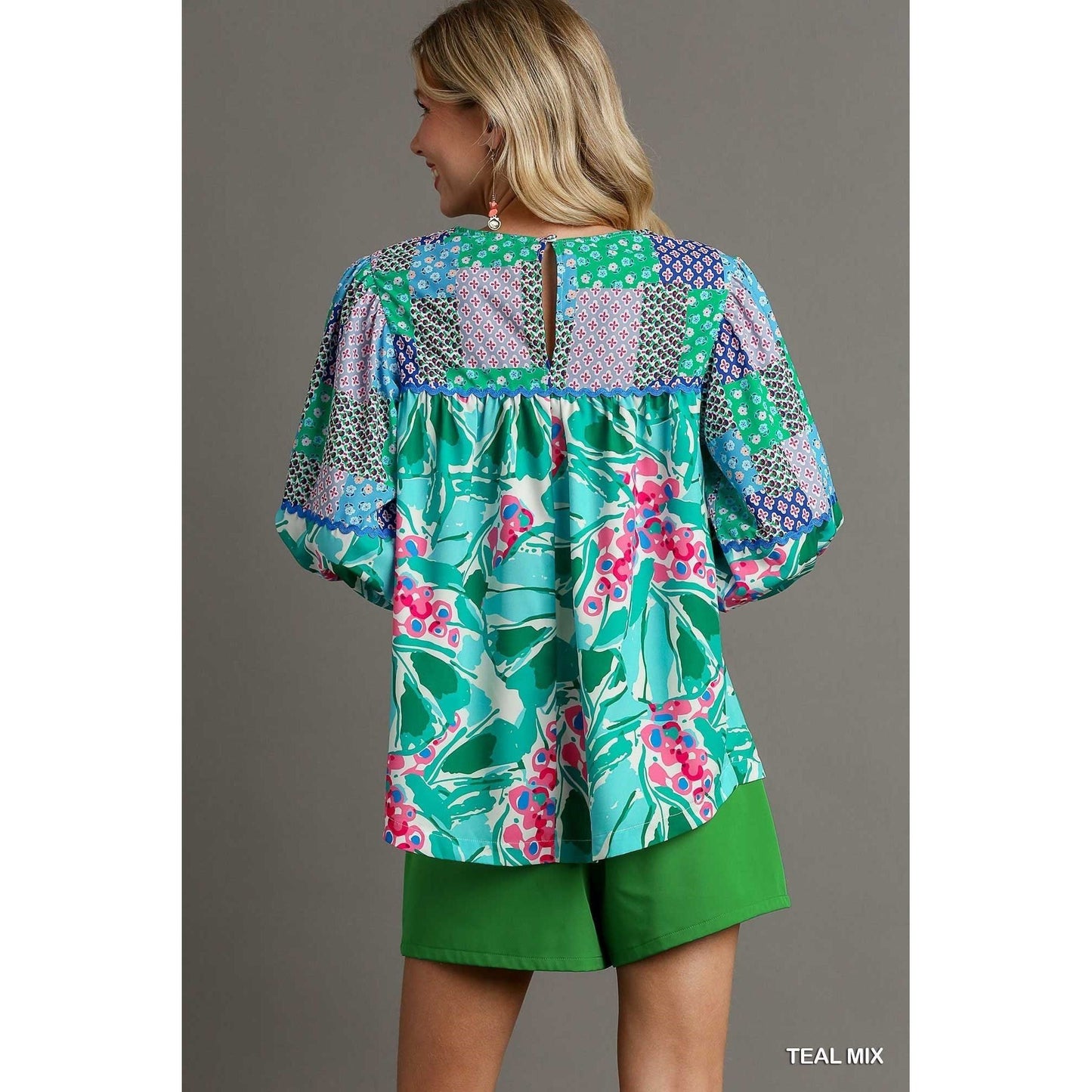 Umgee Teal Floral Mixed Print Tunic Top