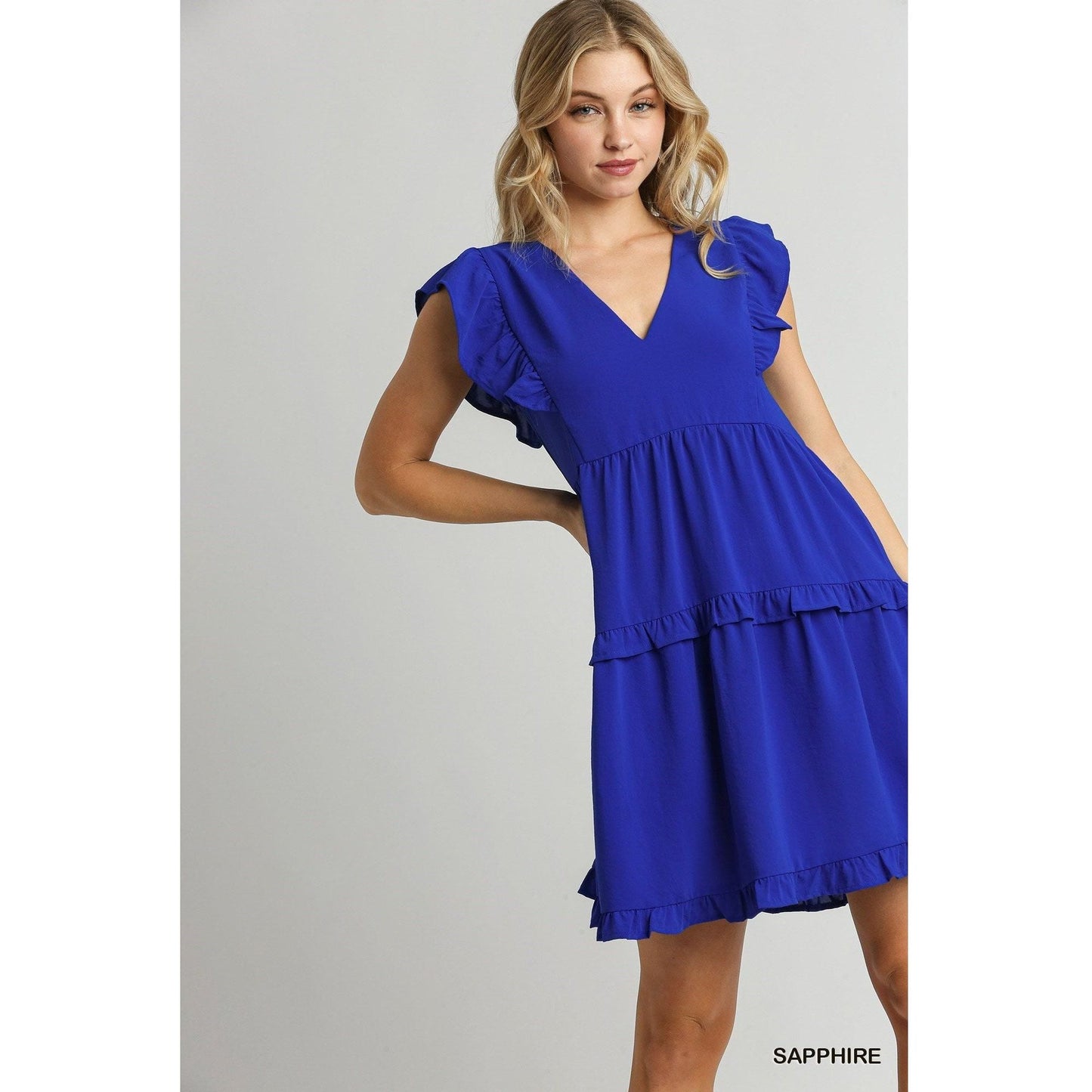 A Pop Of Color Tiered Ruffle Dress-SAPPHIRE