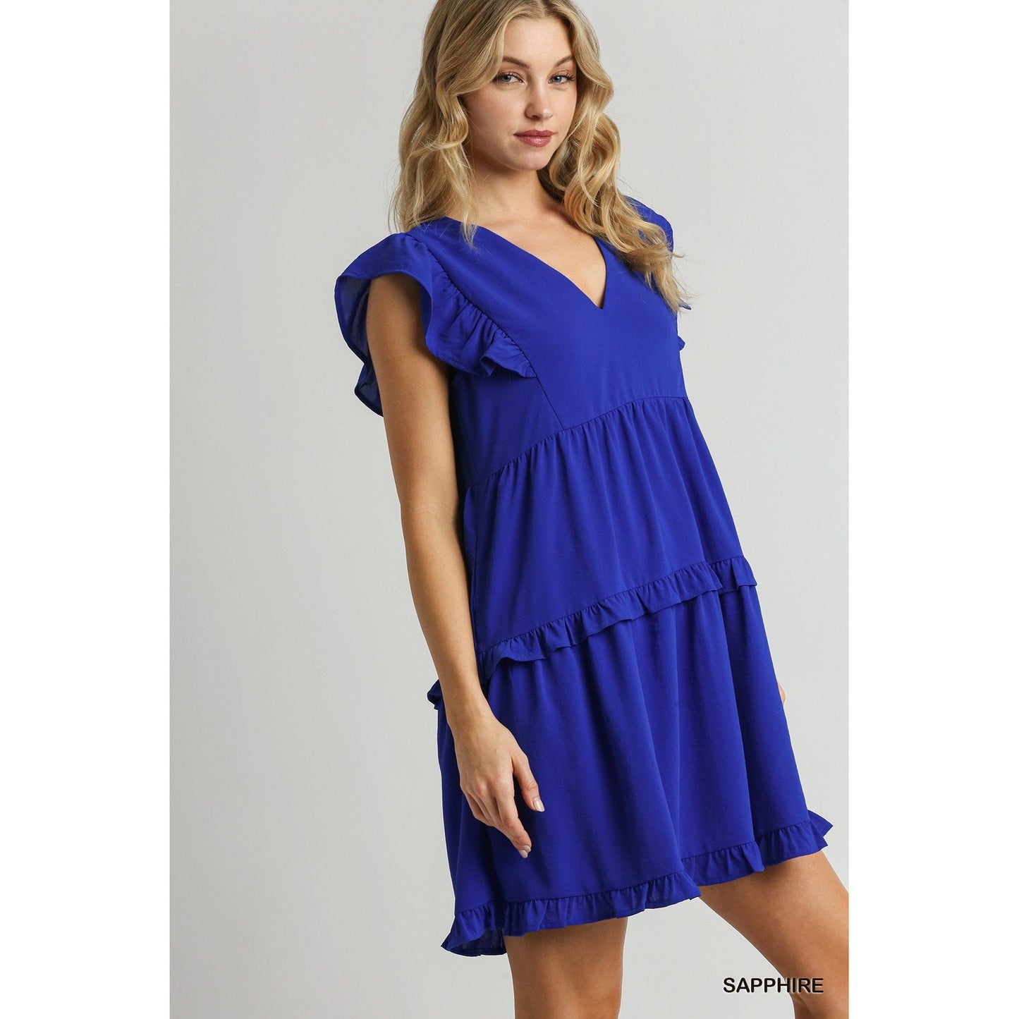 A Pop Of Color Tiered Ruffle Dress-SAPPHIRE