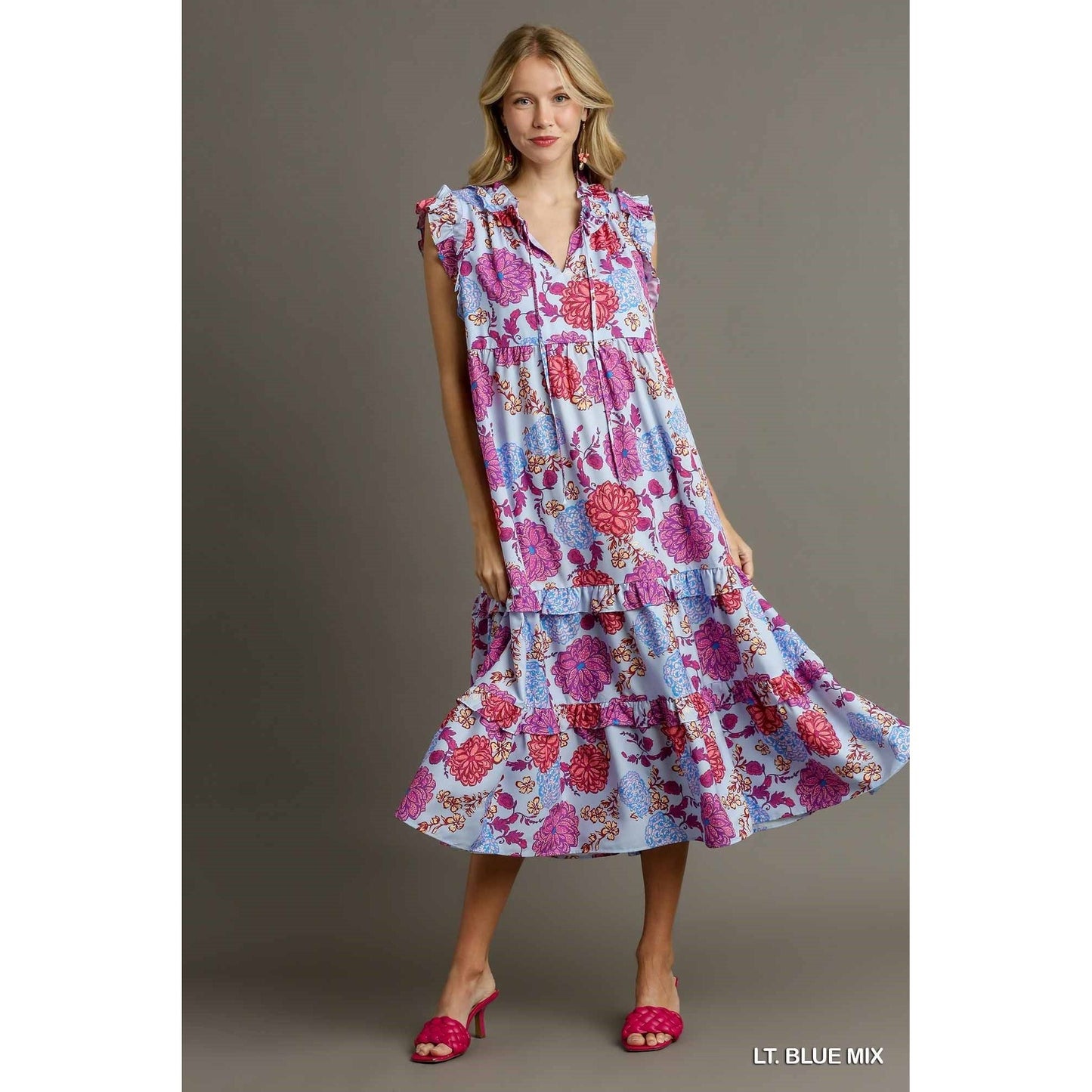 V-Neck Floral Print Split Neck Flutter Sleeve Tiered Maxi Dress