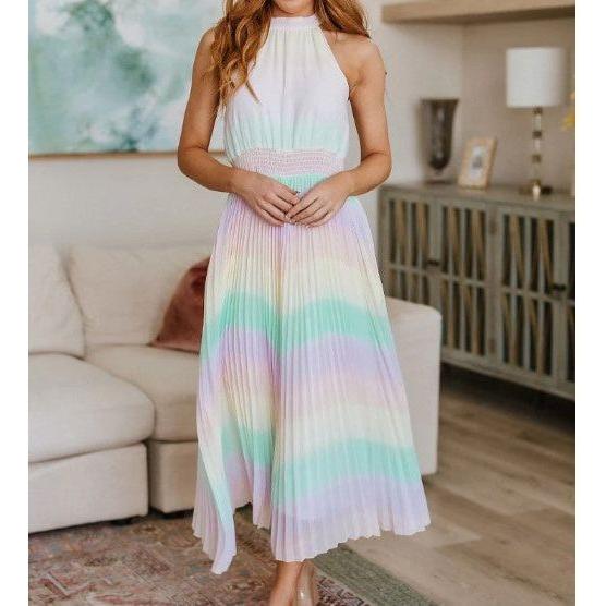 Rainbow Pastel Chiffon Iridescent Plisse Maxi dress