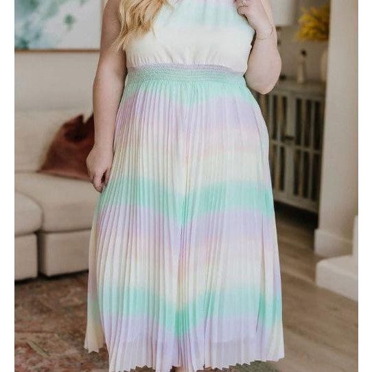 Rainbow Pastel Chiffon Iridescent Plisse Maxi dress