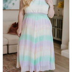 Rosy Brown Rainbow Pastel Chiffon Iridescent Plisse Maxi dress
