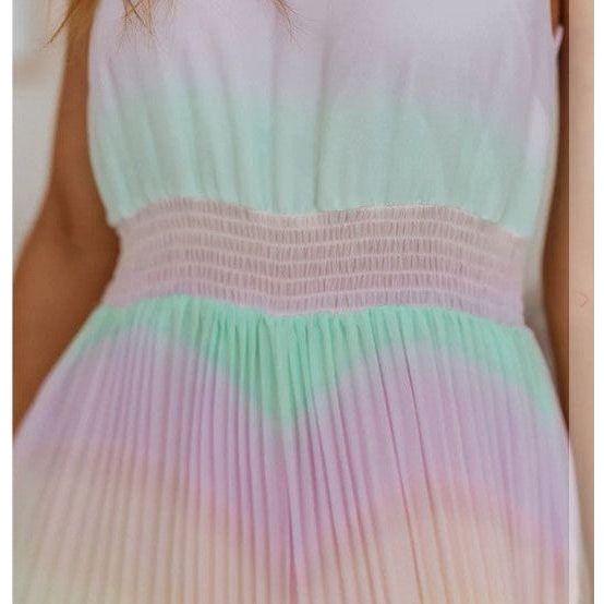 Rainbow Pastel Chiffon Iridescent Plisse Maxi dress