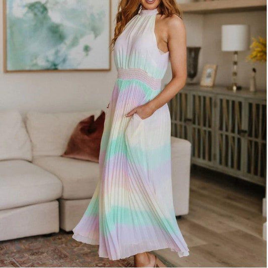 Rainbow Pastel Chiffon Iridescent Plisse Maxi dress