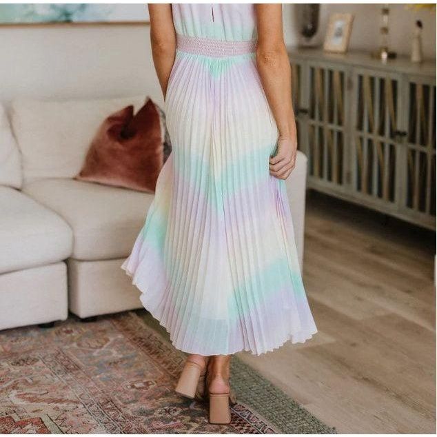 Rainbow Pastel Chiffon Iridescent Plisse Maxi dress