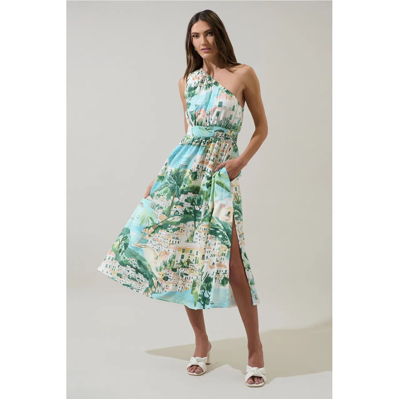 Piti Town Islay Smocked Blue Multi Shoreline Print One Shoulder Midi Dress