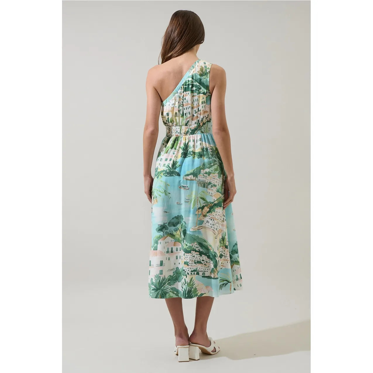 Piti Town Islay Smocked Blue Multi Shoreline Print One Shoulder Midi Dress