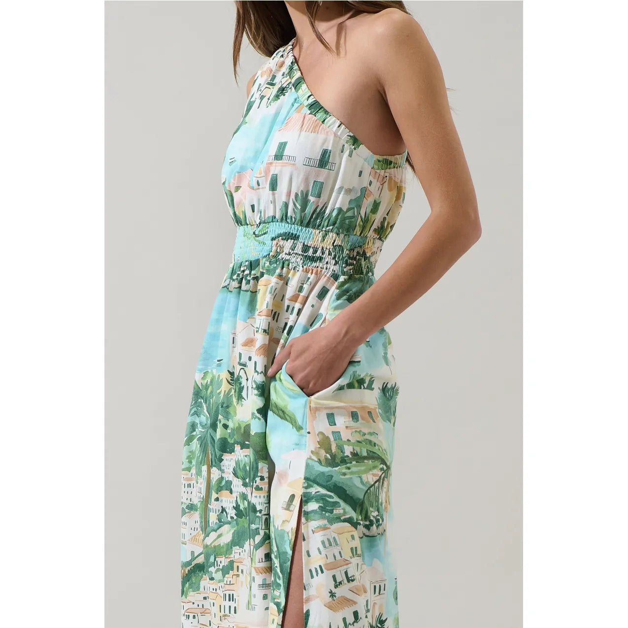 Piti Town Islay Smocked Blue Multi Shoreline Print One Shoulder Midi Dress