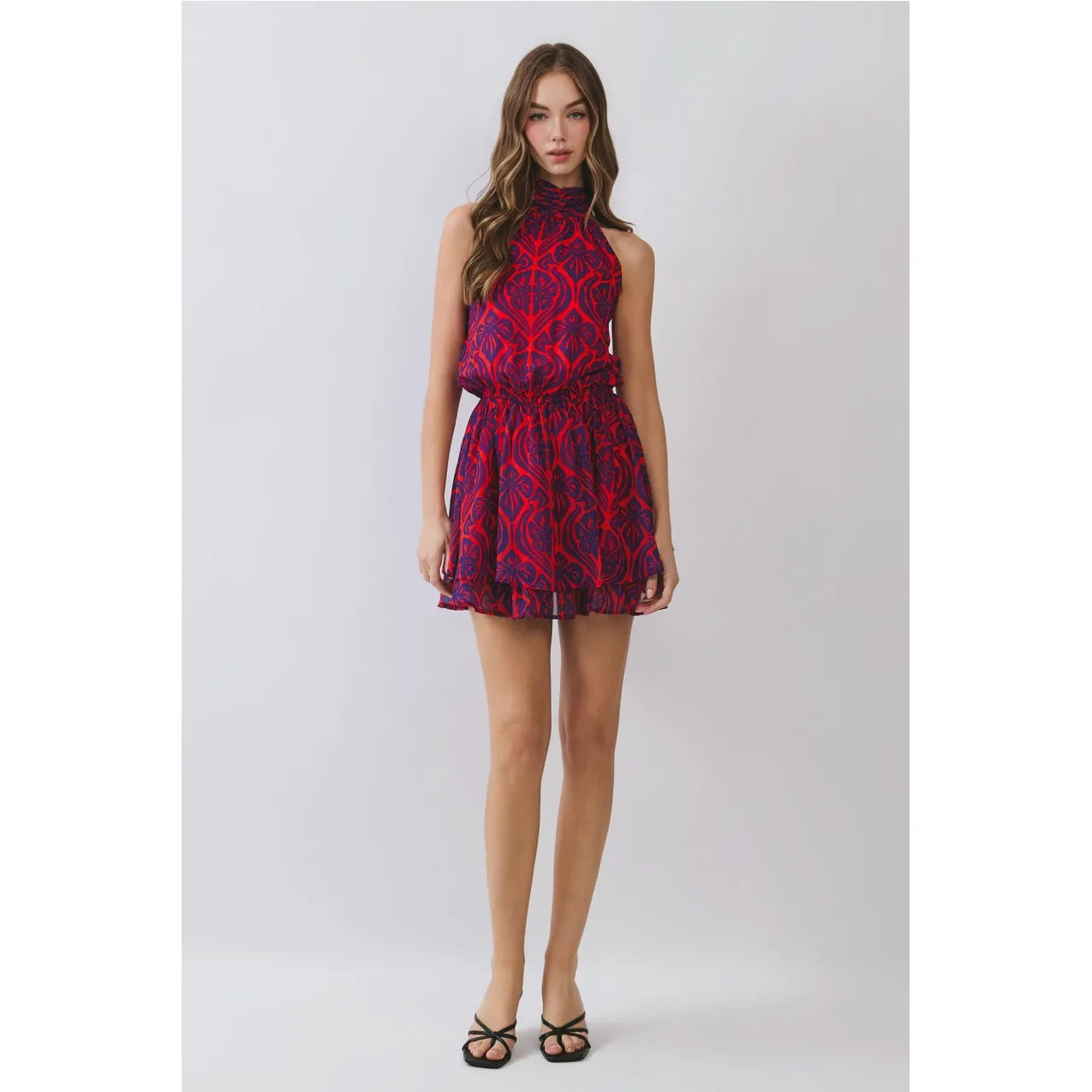 Printed Open Back Halter Neck Mini Dress