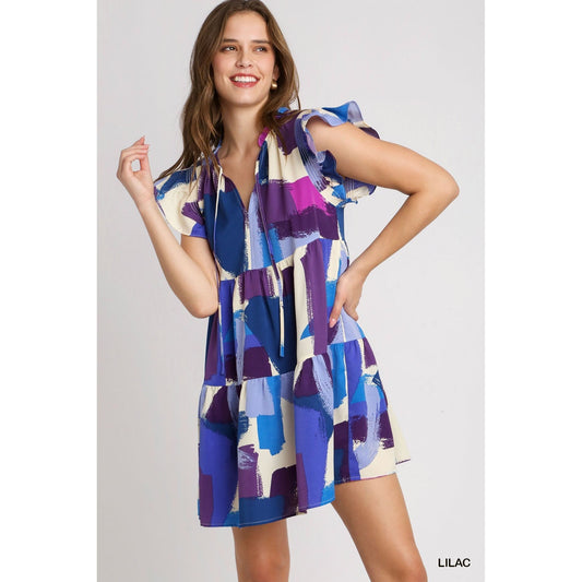 Lilac Abstract Print Flutter Sleeve Shift Dress
