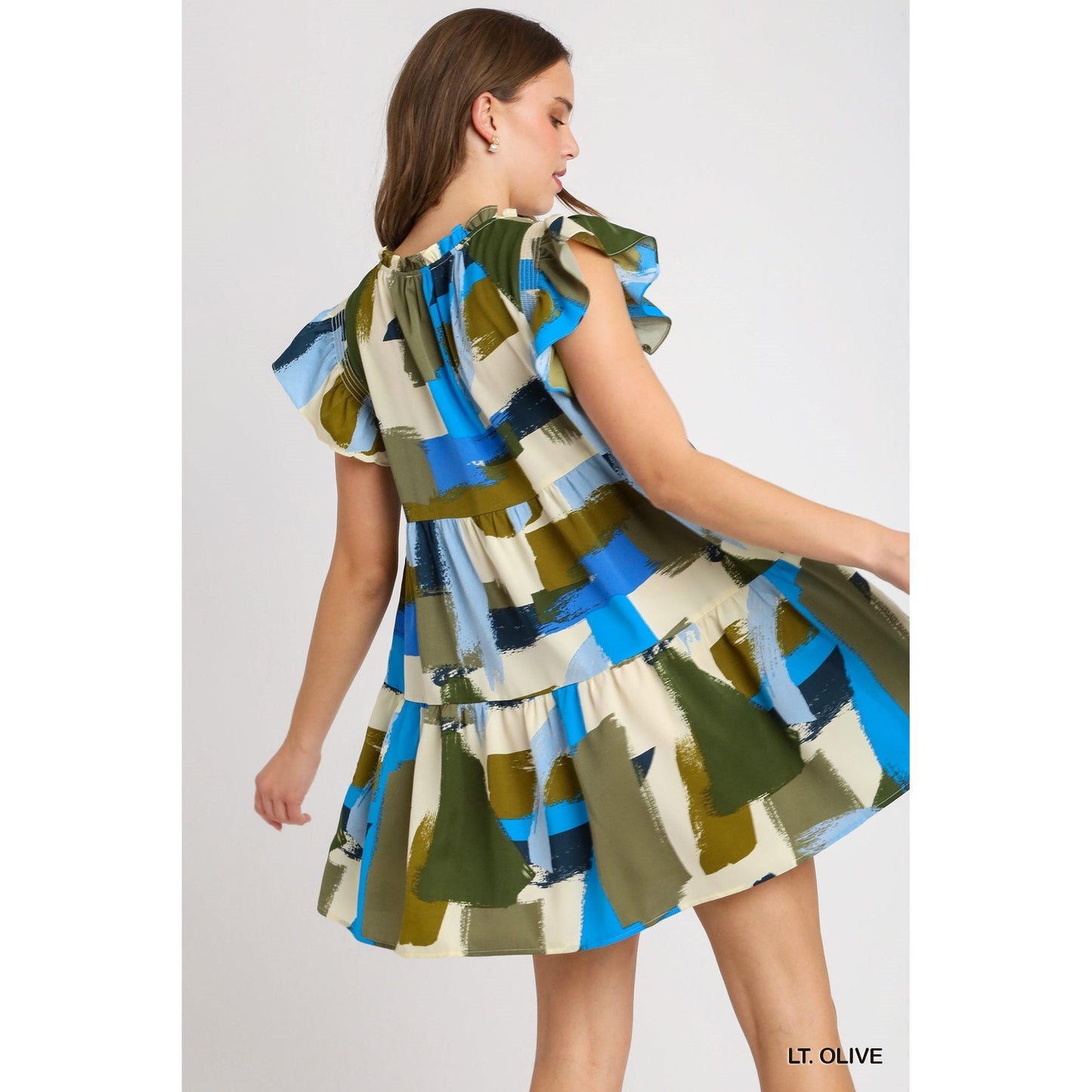 Abstract Print Flutter Sleeve Shift Dress