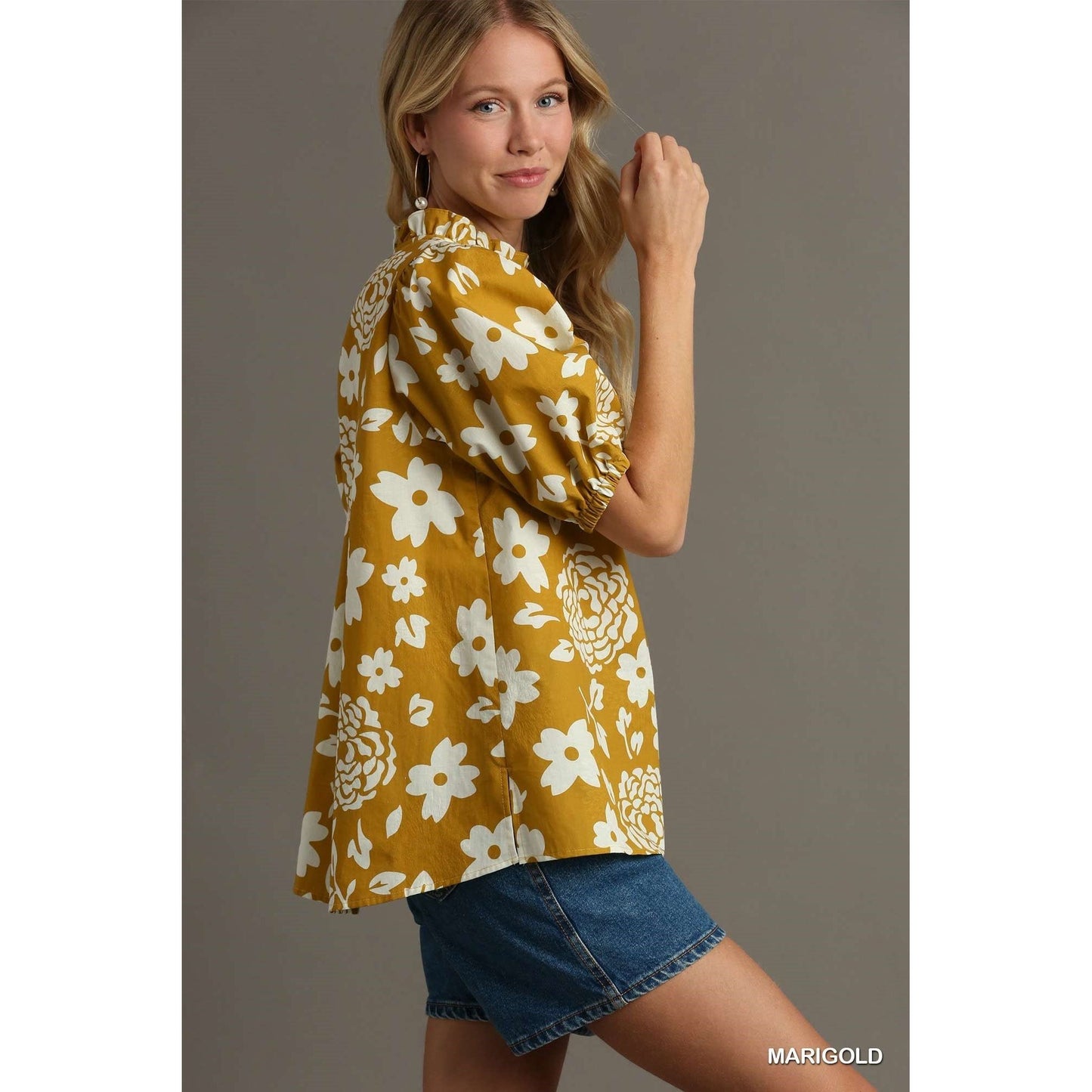 Marigold Floral Print Ruffle V-Neck Puff Sleeve Blouse
