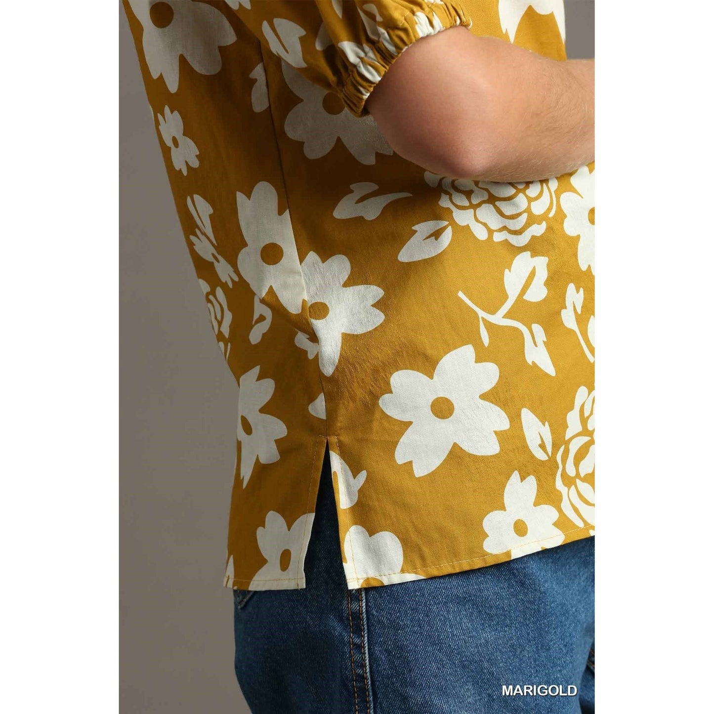 Marigold Floral Print Ruffle V-Neck Puff Sleeve Blouse