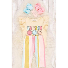 Antique White Retro Be Kind Ruffle Stripe Girl Capri Shorts Set