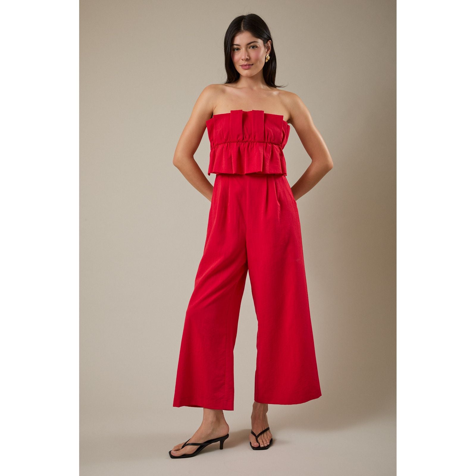 Dark Gray Red Ruffle Bodice Jumpsuit