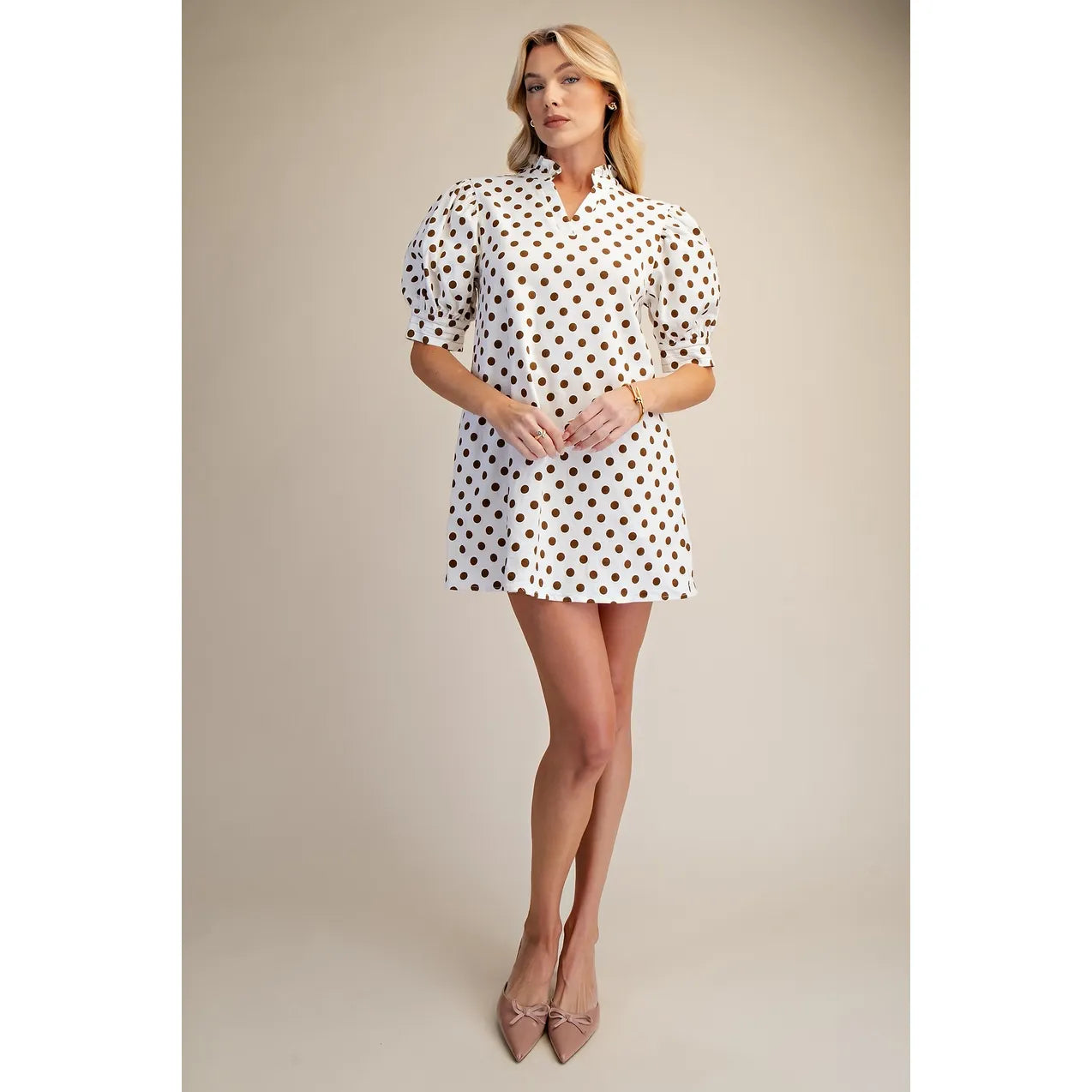 Ruffle V-Neck Puff Sleeve Polka Dot Mini Dress