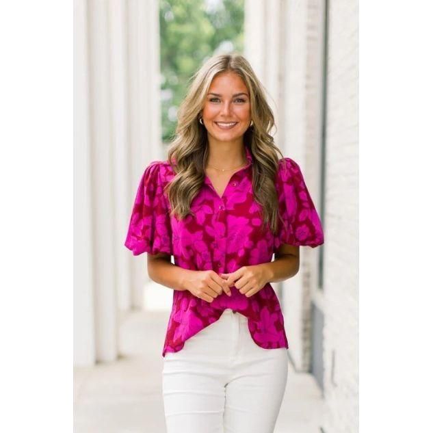 Lavender Floral Bloom Print Button Top