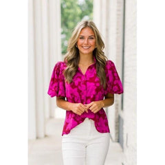 Lavender Floral Bloom Print Button Top