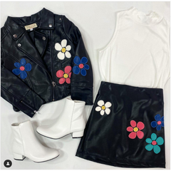 Lavender Hannah Banana faux leather skirt with multicolor flowers