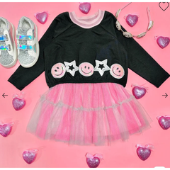 Light Pink SARA SARA Mesh Tutu Dress with Happy Face and Star Trims