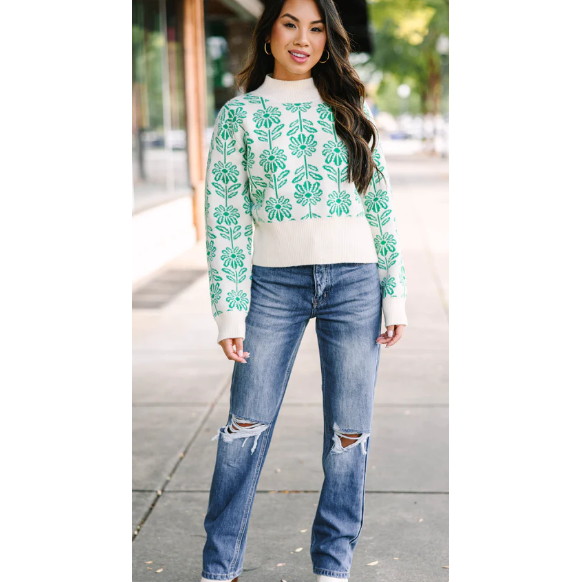 Have You Here Green Floral Sweater