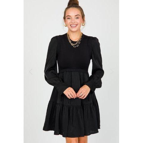 Knit Bodice Satin Mini Dress, Black