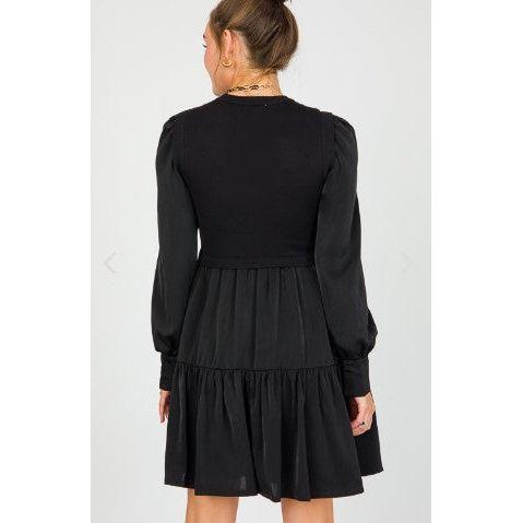 Knit Bodice Satin Mini Dress, Black